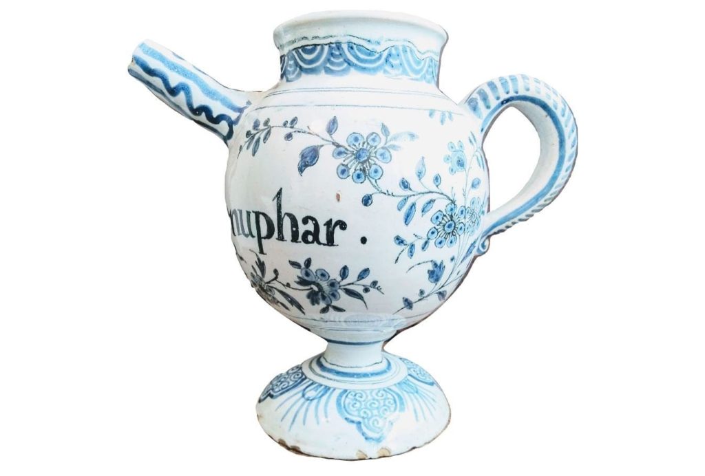 Antique French Faience Miel Nenuphar Violet Honey Blue White Pharmacy Medical Apothecary Ceramic Pot Vase Storage c1750’s