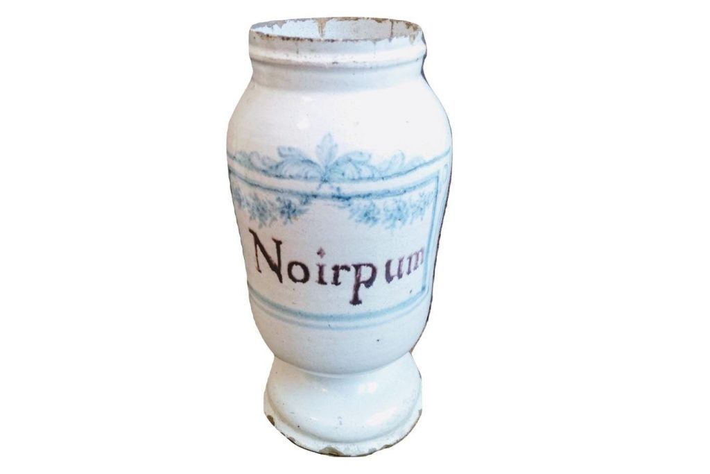 Antique French Noirpum Blue White Faience Pottery Pharmacy Medical Apothecary Pot Vase Container Storage Prop c1750’s 3
