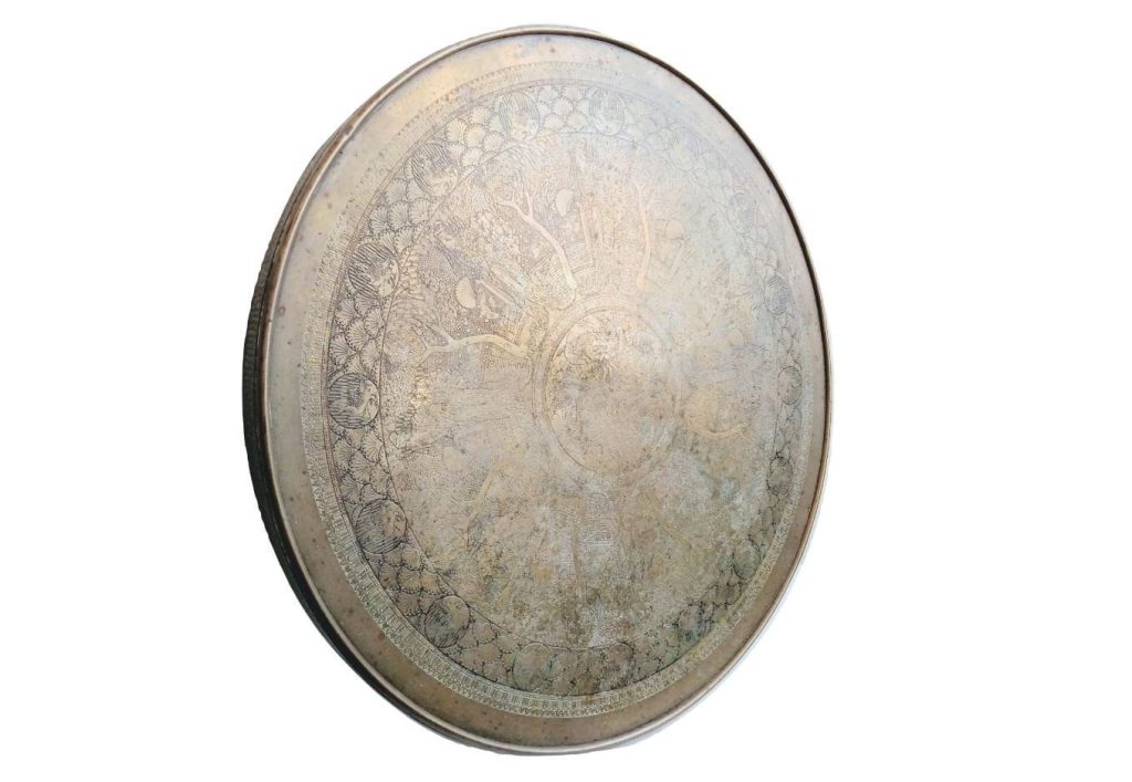 Vintage English Made Kinko Japanese Styled Large Circular Brass Wood Finely Detailed Table Top Tray Platter circa 1920-30’s