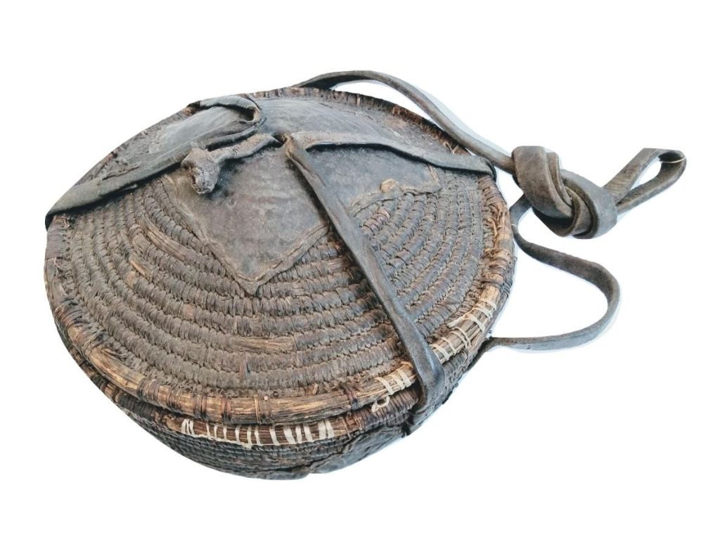 Vintage African Storage Preservation Serving Basket Grass Goat Leather Primitive Tribal Art Arts Prop Gift c1960-70’s 2
