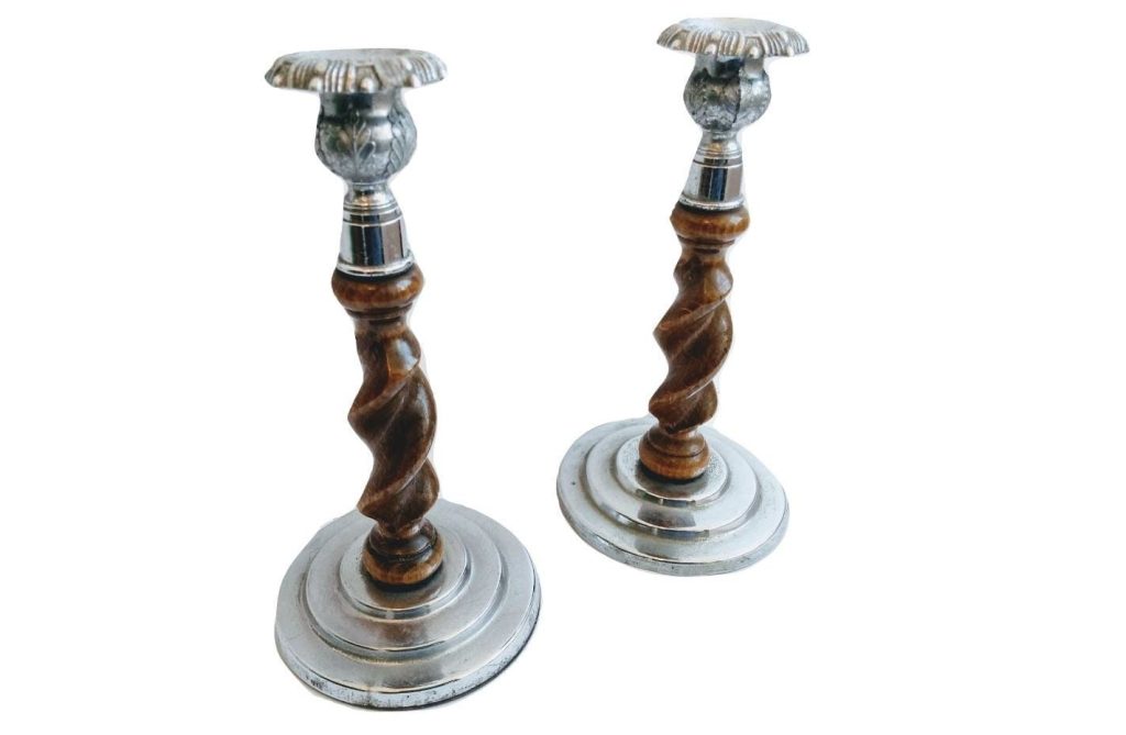 Vintage English Barley Twist Wood Silver Coloured Metal Candlestick Candle Stick Candelabra Candles Light Candle c1960-70's