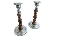 Vintage English Barley Twist Wood Silver Coloured Metal Candlestick Candle Stick Candelabra Candles Light Candle c1960-70’s Vintage English Barley Twist Wood Silver Coloured Metal Candlestick Candle Stick Candelabra Candles Light Candle c1960-70's