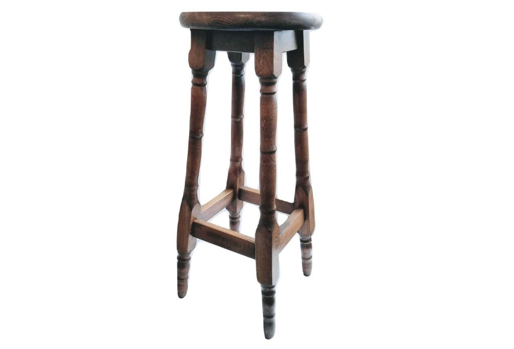 Vintage French Tall High Bar Kitchen Stool Wooden Brown Natural Wood Large Chair Stand Display Rest Plinth Seating c1980’s
