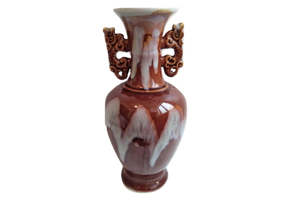 Vintage Chinese Brown White Foo Dog Handled Ceramic Glazed Jar Trophy Style Vase Storage Display Mantlepiece circa 1960-70’s 3