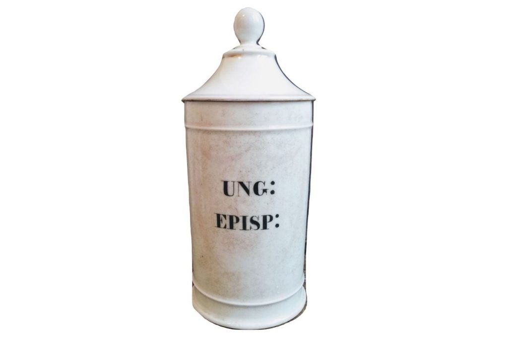 Antique French UNG EPISP White Porcelain Ceramic Pharmacy Medical Apothecary Pot Vase Container Storage Prop c1850’s