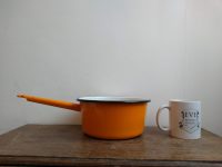 Alternative view of Vintage French Orange Enamel Medium Saucepan Sauce Pan Cooking Pot Camping Stove Decorated Flowers circa 1970-80's