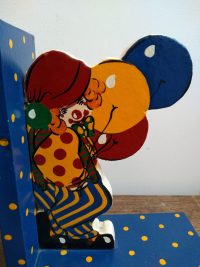 Vintage French Blue And Yellow Dotted Clown Childrens Book Ends Wooden Wood Bookends Coloured Childs Room Decor c1980-90’s 3