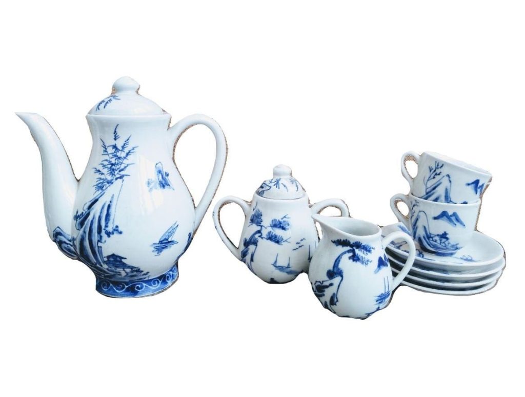 Vintage French Blue & White Ceramic Tea Pot Sugar Milk With Two Cups Teapot Coffee Chocolate Serving Set Prop c1960-70’s