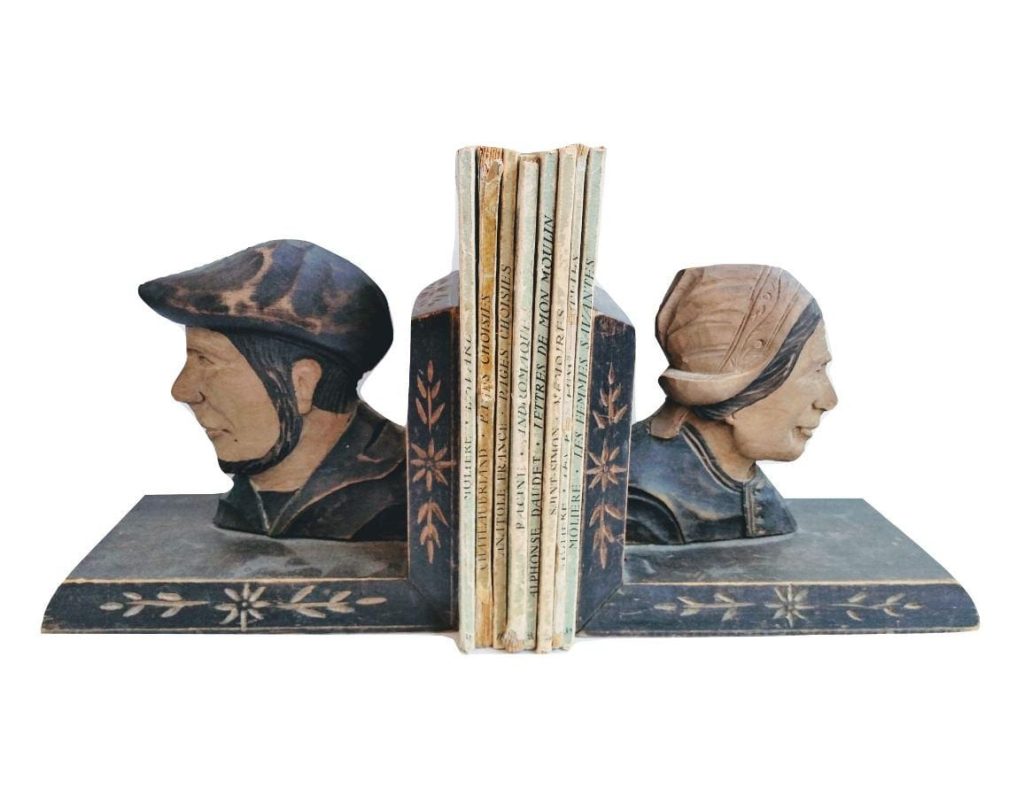 Vintage French Wooden Traditional Farmer & Wife Varnished Wood Book End Pair Stand Holder Storage Display c1950-1960’s