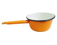 Vintage French Orange Enamel Medium Saucepan Sauce Pan Cooking Pot Camping Stove Decorated Flowers circa 1970-80's