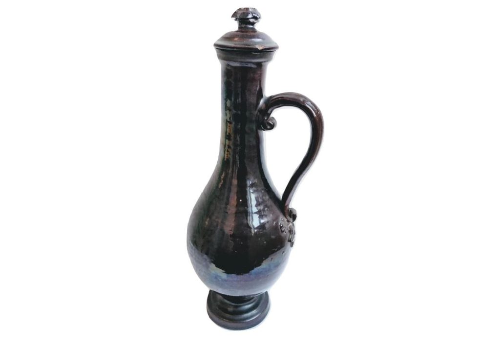 Antique South German Alsace Dark Brown Salt Glaze Terracotta White Wine Water Flask Vase Decanter Decor Design c1850’s