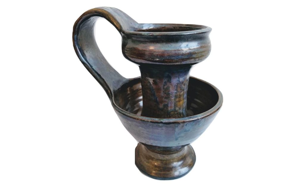 Vintage French Traditional Normandy Stoneware Pottery Handled Large Candle Candlestick Lighting Decor Display c1960-70's