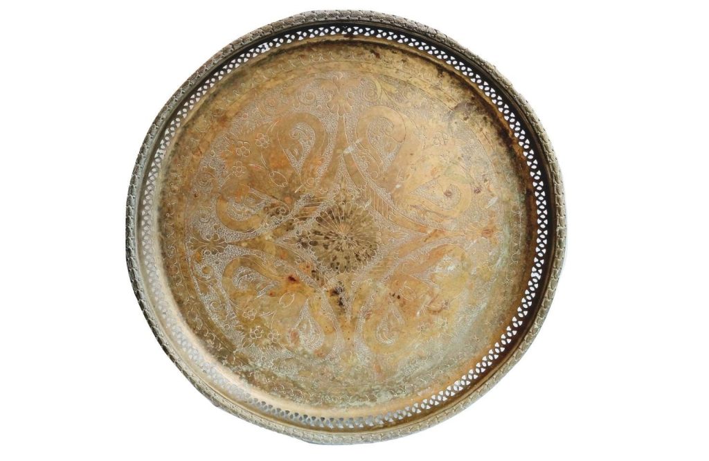 Vintage Asian Chinese Styled Large Circular Brass Lattice Edged Finely Detailed Table Top Tray Serving Platter c1920-30's