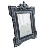 Antique French Fleur De Lis Ornately Decorated Wooden Black Mirror Wood Glass Decorative Damaged circa 1850-1880's