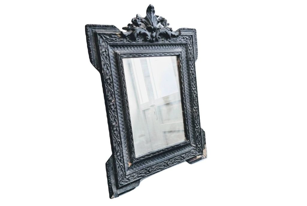 Antique French Fleur De Lis Ornately Decorated Wooden Black Mirror Wood Glass Decorative Damaged circa 1850-1880’s