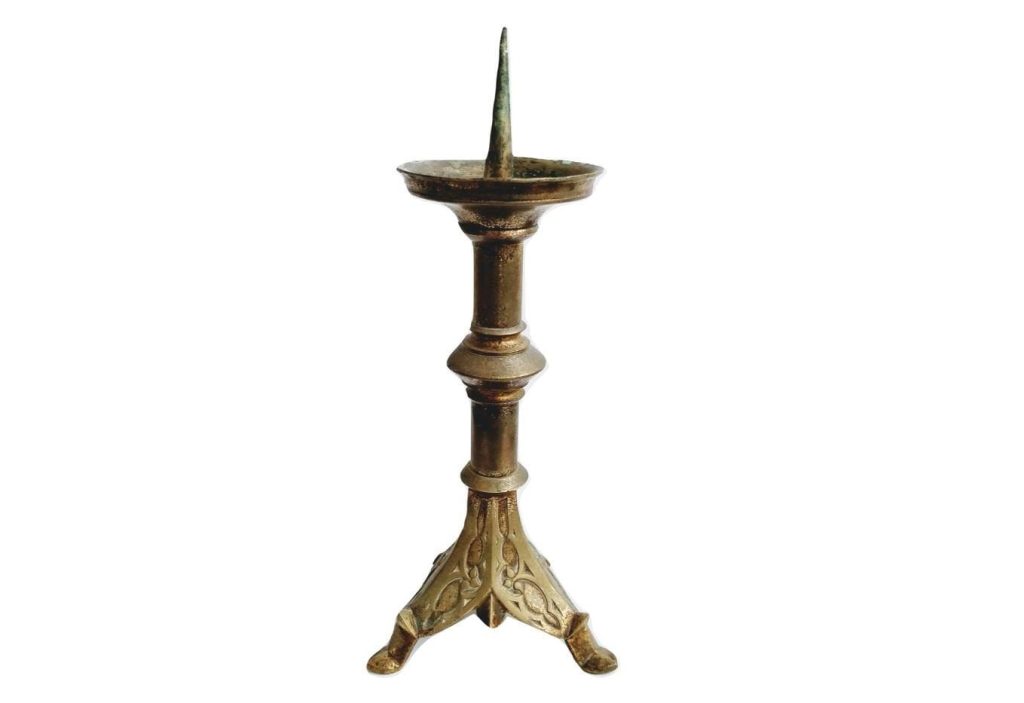Antique French Medium Church Chapel Metal Candle Candlestick Stick Pedestal Ornament Stand Display Acorn Decor c1900’s 2