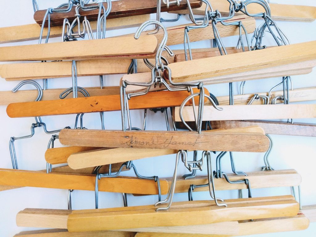 Vintage French Varnished Light Wood Wooden Coat Trouser Clothes Hanger Hook Wardrobe Cloakroom Job Lot x 25 c1970-80's