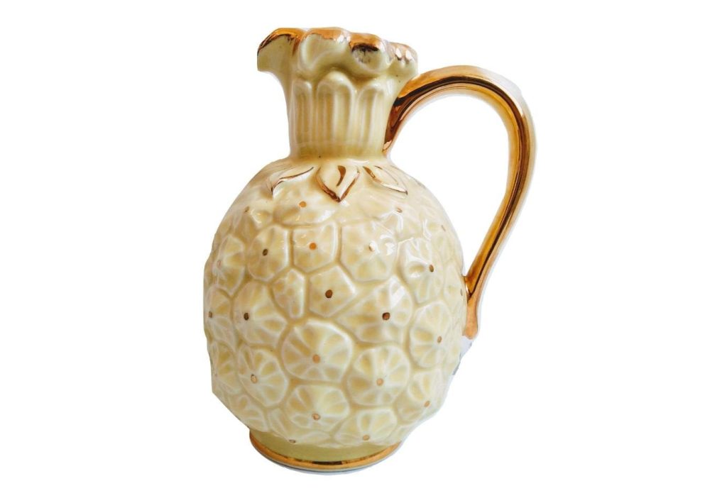 Vintage French Pineapple Handled Gold Yellow Ceramic Pot Vase Jug Pitcher Decanter Container Storage Display Prop c1940-50’s
