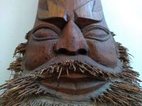 Alternative view of Vintage Chinese Hand Carved Bearded Smiling Buddha Face Bust Root Carving Wood Wall Hanging Decor Ornament Asian c1960-70's