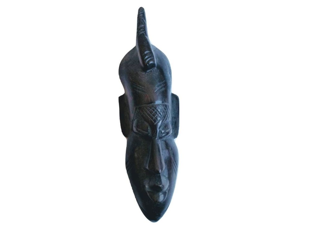 Vintage African Tribal Art Horned Mask Bust Wooden Wood Statue Figurine Carving Sculpture Small Wall Hanging c1980's