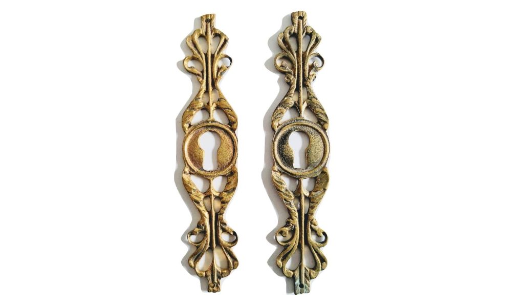 Antique French Ornate Bronze Brass Metal Small Key Hole Plate Cover Decor Keyhole Gold Door Furniture Decoration c1910’s