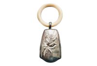 Antique French Silver Newborn Baby Bell Rattle Teething Ring Ornament Pendant Jewellery Jewelry Necklace Hanger Charm 1910's