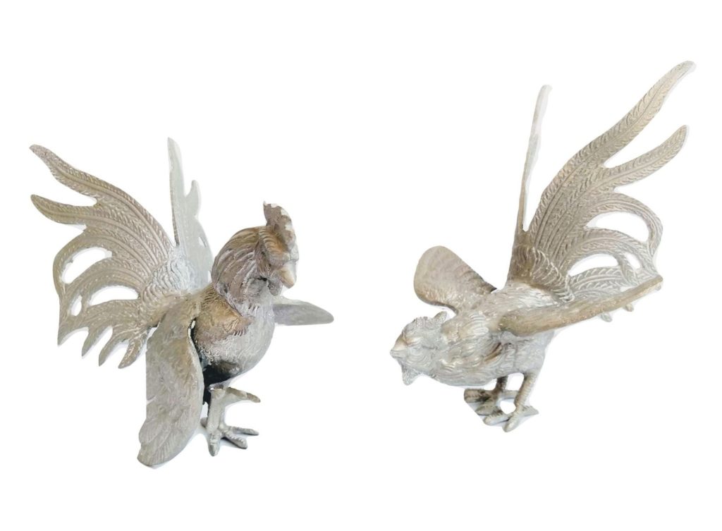 Vintage French Silver Coloured Metal Chicken Rooster Fighting Couple Bird Figurine Ornament Decor Design Animal c1960-70’s