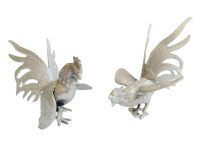 Vintage French Silver Coloured Metal Chicken Rooster Fighting Couple Bird Figurine Ornament Decor Design Animal c1960-70's