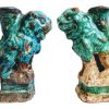 Antique Chinese Song Dynasty Foo Dog Aqua Green Holders Pair With Ornate Decor Showcase Mantlepiece c1200's