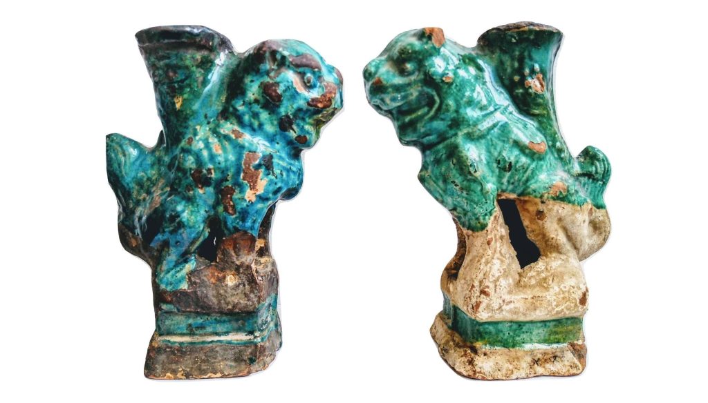 Antique Chinese Song Dynasty Foo Dog Aqua Green Holders Pair With Ornate Decor Showcase Mantlepiece c1200’s