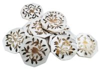 Antique Chinese INDIVIDUAL Mother Of Pearl Gold Leaf Octagonal Lotus Flower Gaming Chip Counter Token Hand Engraved c1900's