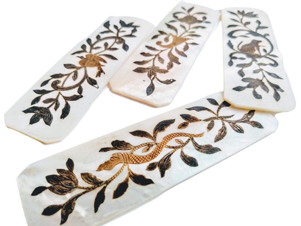 Antique Chinese INDIVIDUAL Mother Of Pearl Gold Leaf Rectangular Snake Flower Gaming Chip Counter Token Hand Engraved c1900s