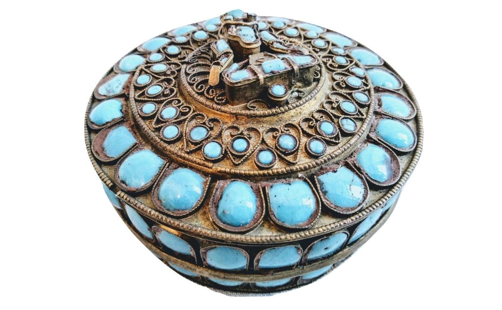 Vintage Nepalese Turquoise Embelished Glass Brass Buddha Meditating Traditional Decorative Dish Pot Bowl Catch-all c1960-70’s 3