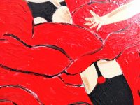 Alternative view of Vintage French Large Red Yellow Oil Painting On Canvas Featuring Can Can Dancing Ladies In Stockings Wall Art Decor c1990's