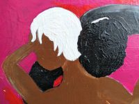 Alternative view of Vintage French Large Pink Black Oil Painting On Canvas Featuring Dancing Couple In Formal Wear Wall Art Decor c1990's