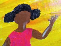 Alternative view of Vintage French Large Red Yellow Oil Painting On Canvas Featuring Mother And Daughter Beach Sunshine Wall Art Decor c1990's