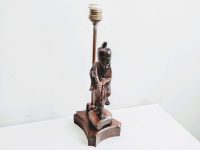 Alternative view of Vintage Chinese Wise Scholar Wood Wooden Brass Copper Lamp Light Electric Lamp Bedside Lampshade Desktop Study Den c1960's