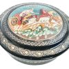 Vintage Greek Enamel Wooden Small Lidded Pill Box Case Jewellery Trinket Ring Dish Box Pot Black Red circa 1990's