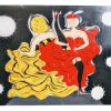 Vintage French Large Red Yellow Oil Painting On Canvas Featuring Can Can Dancing Ladies In Stockings Wall Art Decor c1990's