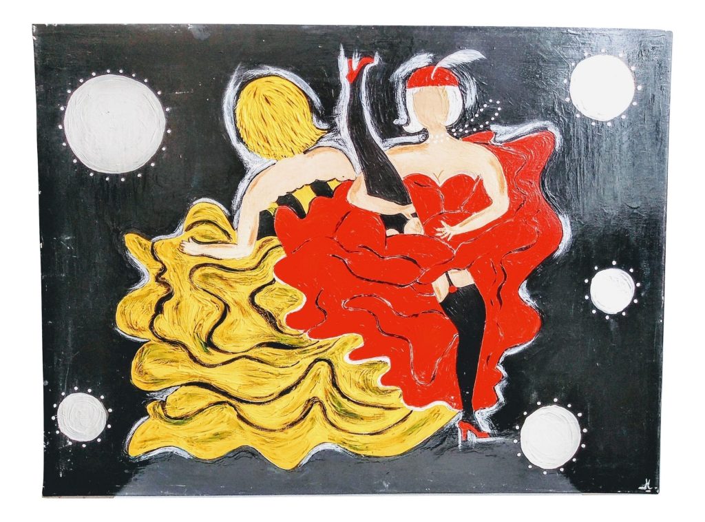 Vintage French Large Red Yellow Oil Painting On Canvas Featuring Can Can Dancing Ladies In Stockings Wall Art Decor c1990’s