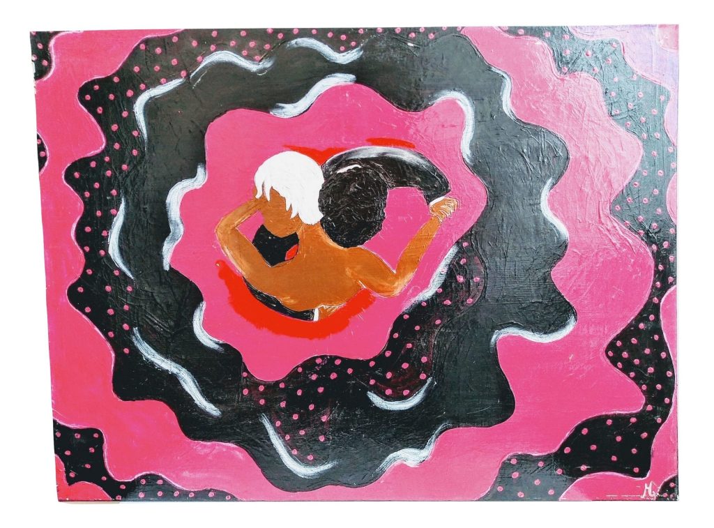 Vintage French Large Pink Black Oil Painting On Canvas Featuring Dancing Couple In Formal Wear Wall Art Decor c1990's