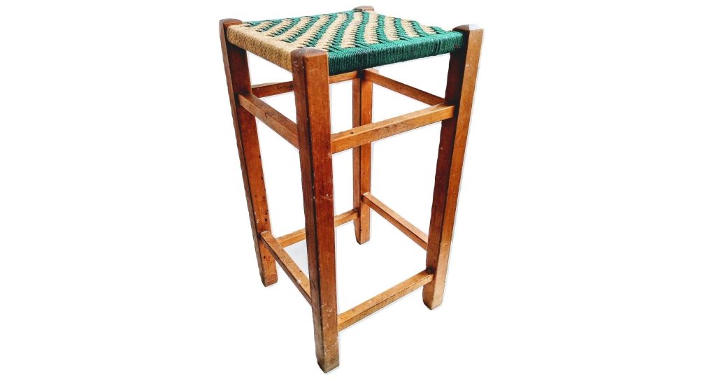 Vintage English Wooden Brown Natural Wood Woven String Stool Chair Stand Display Rest Plinth Seating circa late 1960-70's