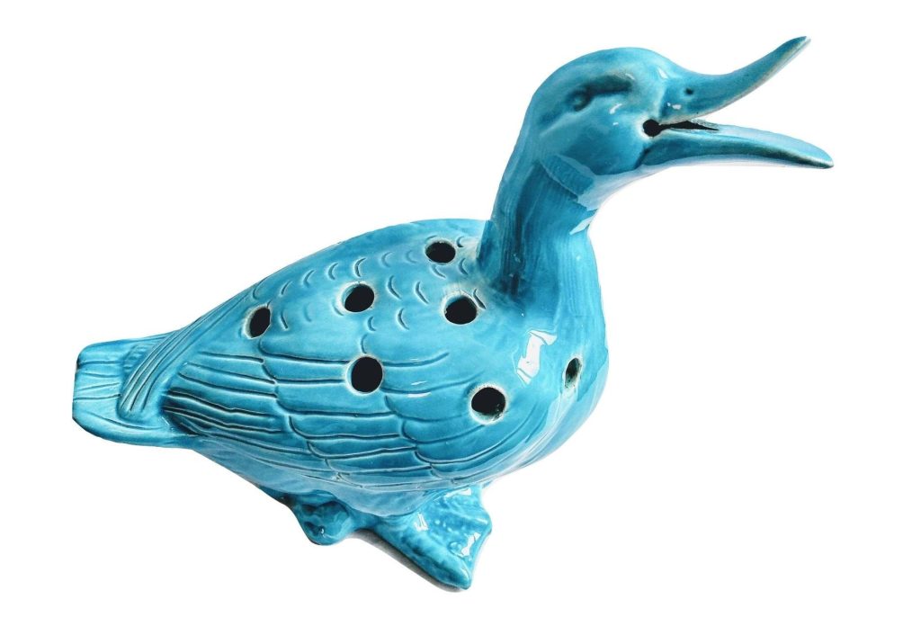 Vintage Chinese Aqua Blue Ceramic Glazed Duck Flower Frog Jar Pot Vase Storage Display Mantlepiece circa 1950-60’s