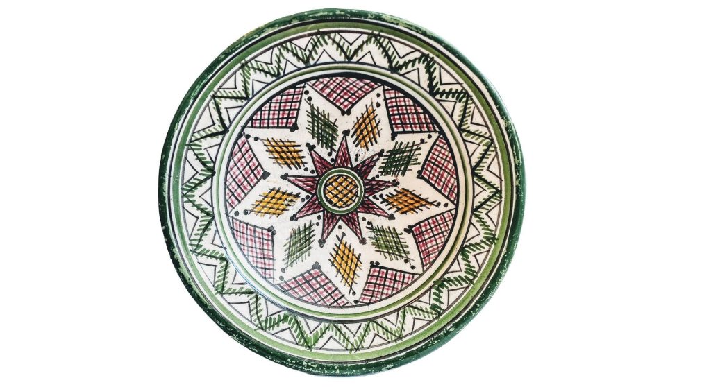 Vintage Moroccan Green Dish Bowl Plate Pottery Clay Arabian Theme Earthware Earth Tone Exotic Tribal Desert c1970-80’s