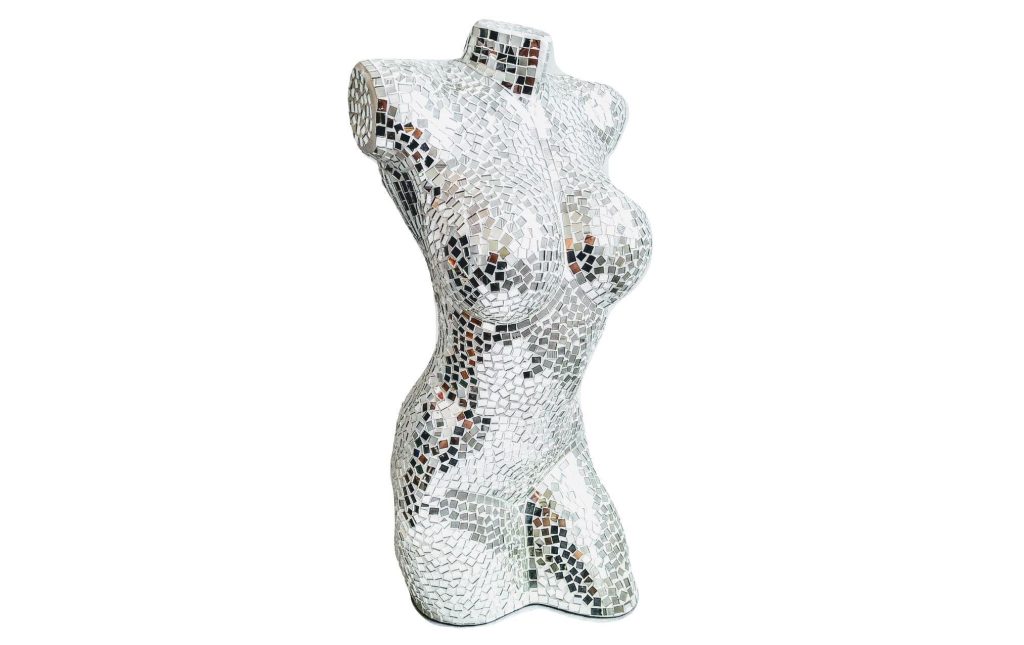 Vintage French Mirror Tile Covered White Plaster Female Form Torso Manequin Disco Display With Lamp Fitting c1990's