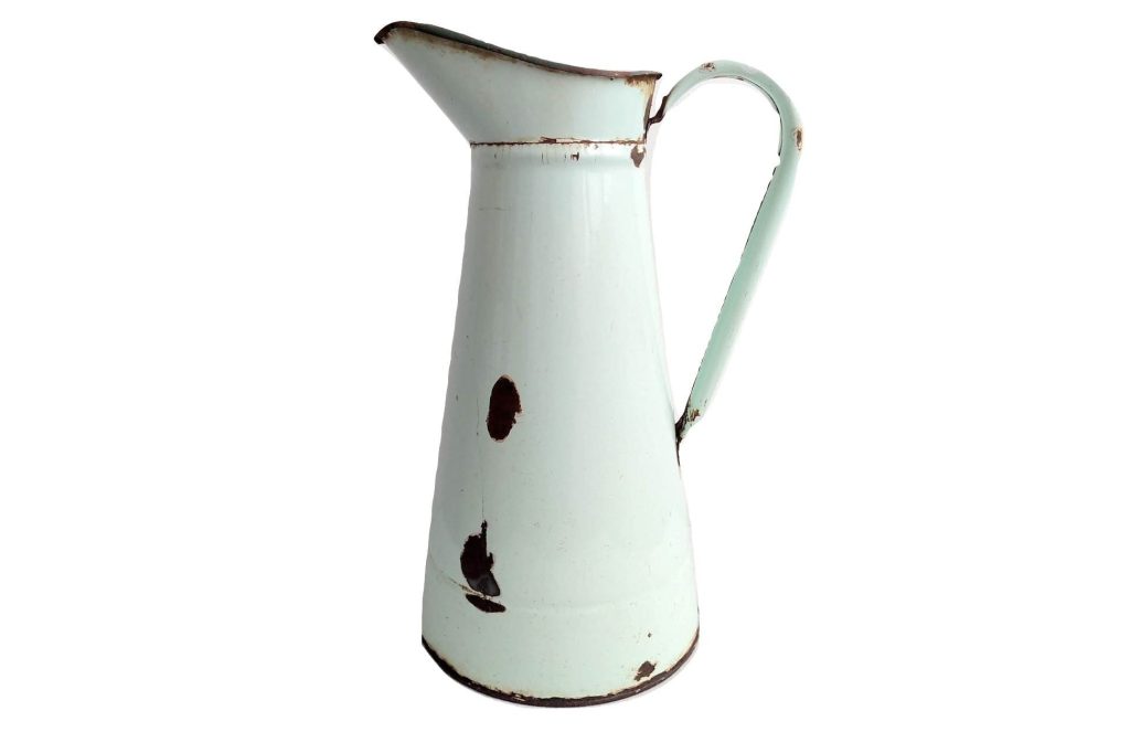 Vintage French enamel rusty dusty metal lime green metal watering water milk jug can carafe pitcher vase circa 1930-40’s