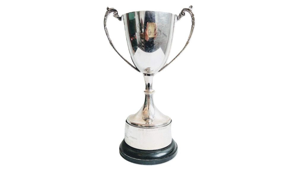 Vintage English Silver Plated Metal Medium Glos Lawn Tennis Boys Trophy Cup Award Prize Presentation Tarnish Patina c1990’s