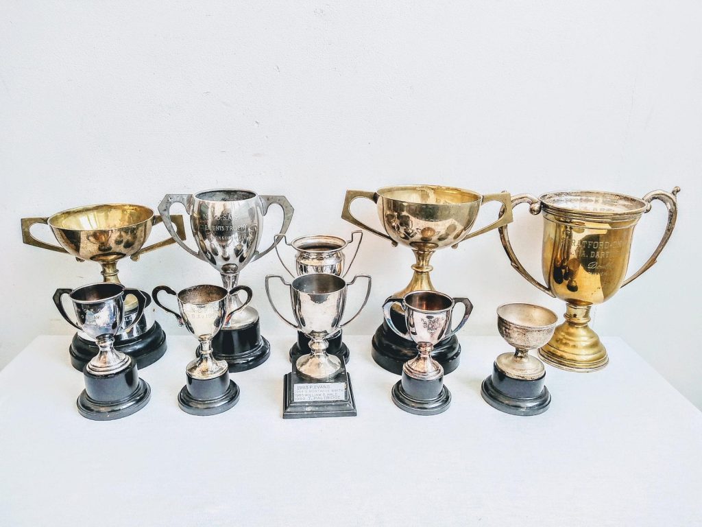 Vintage English Silver Metal Trophy Cup Collection x 10 Job Lot Award Prize Presentation Tarnish Patina Pot Display c1940-80’s