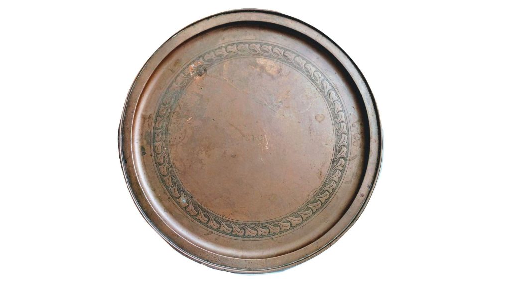 Antique English CLG Monogram Large Circular Copper Finely Detailed Table Top Tray Serving Platter Dish Charger c1910-20’s