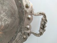 Alternative view of Vintage Turkish Arabian Middle East Large Silver Metal Oval Tray Dish Bowl Platter Plate Decorative Table circa 1960-70's